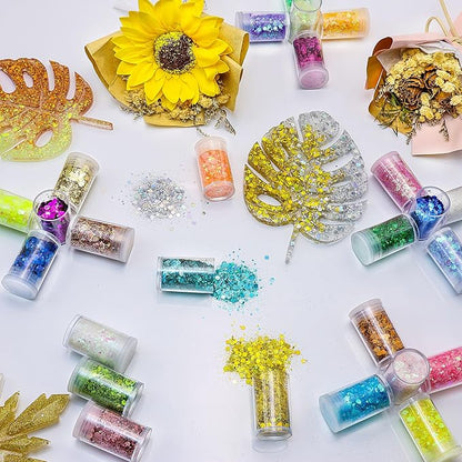45 Holographic Chunky Sequins & Fine Powder Glitter Mix, Iridescent Glitter Flakes for Face, Body, Eye, Nail Art & Resin Epoxy
