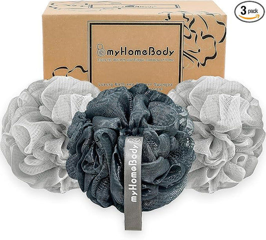 myHomeBody Large 70g Loofah Sponge, Body Scrubber, Bath Sponge, Loofah for Women, Men, Exfoliating Sponge Shower Pouf with Activated Charcoal - 2 Fog Gray + 1 Midnight Blue, 3 Pack