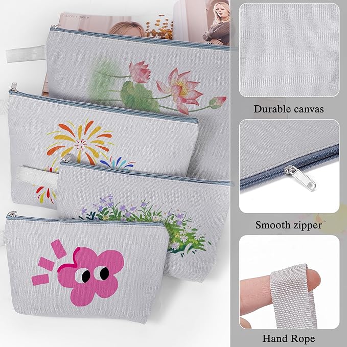 10 Pieces Cotton Canvas Makeup Bag with Bottom and Strap, Multi-Purpose Cosmetic Bag with Zipper Travel Toiletry Pouch, Blank DIY Craft Bag (Grey, S)