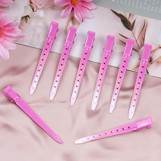24 Packs Duck Bill Clips, Bantoye 3.35 Inches Rustproof Metal Alligator Curl Clips with Holes for Hair Styling, Hair Coloring, GS Pink