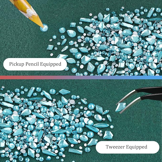 Multi Shapes Lake Blue 3D Glass Crystal Nail Art Rhinestones Kit with Flatback Round Bead Charm Gem Stone Jewelry Diamond with Pickup Pen + Tweezer for Manicure Makeup DIY Craft Decoration