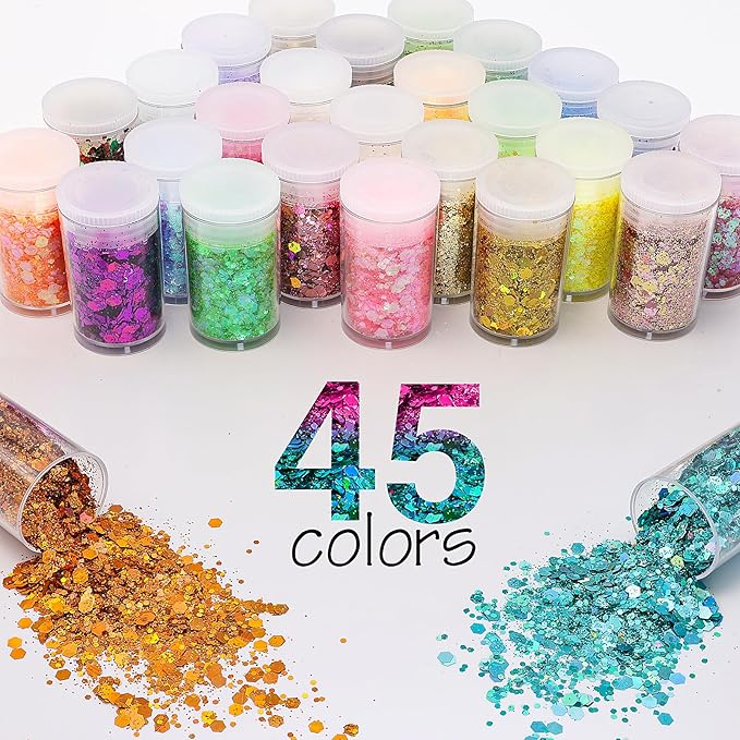 45 Holographic Chunky Sequins & Fine Powder Glitter Mix, Iridescent Glitter Flakes for Face, Body, Eye, Nail Art & Resin Epoxy