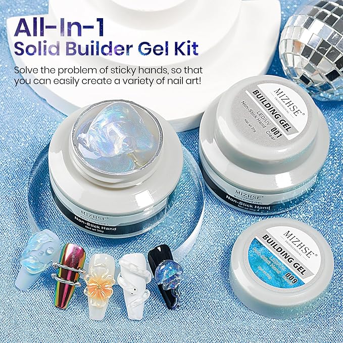 MIZHSE 2PCS Solid Builder Gel for Nails Kit: 30g/1oz Clear & Aurora Hard Gel for Nail with Nail Forms 3D Silicone Mold Soak off U V Builder Extension Gels for Women