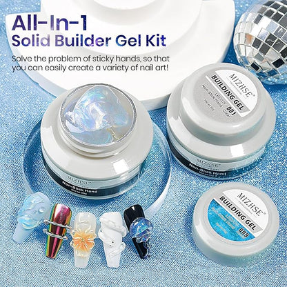 MIZHSE 2PCS Solid Builder Gel for Nails Kit: 30g/1oz Clear & Aurora Hard Gel for Nail with Nail Forms 3D Silicone Mold Soak off U V Builder Extension Gels for Women