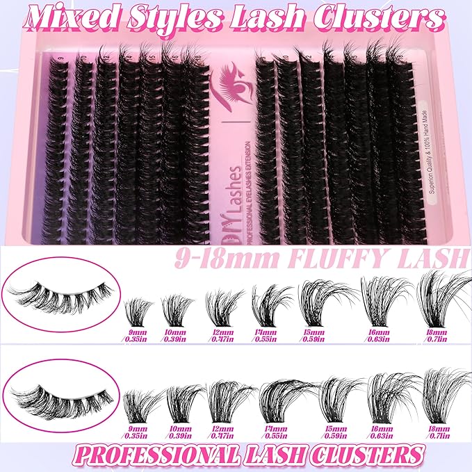280 Pcs Lash Clusters Extension Kit 80D+60D Cat Eye Lashes Clusters Kit 9-18mm Fluffy Wispy Cluster Eyelash Extensions Kit D Curl Eyelash Clusters Individual Lashes DIY Lash Makeup at Home