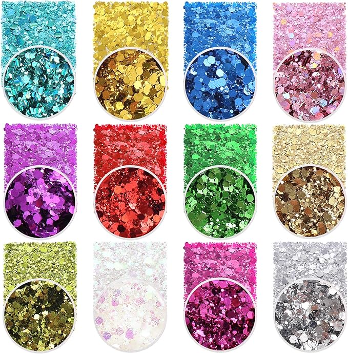 Holographic Chunky Sequins 12 Colors Mixed Laser Cosmetic Glitter for Face, Body, Eye, Hair, Nail Art, Lip Gloss - Festival Glitter Makeup with Different Hexagon Sizes (Metallic Mix)