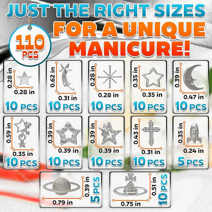 110 Pcs Silver Nail Charms and Gems - Complete Art Set with Cross, Planet, Piercing Ring & Silver Star Nail Charms Designs with Rhinestones - Easy-to-Apply, Sturdy Acrylic for Stylish Manicures