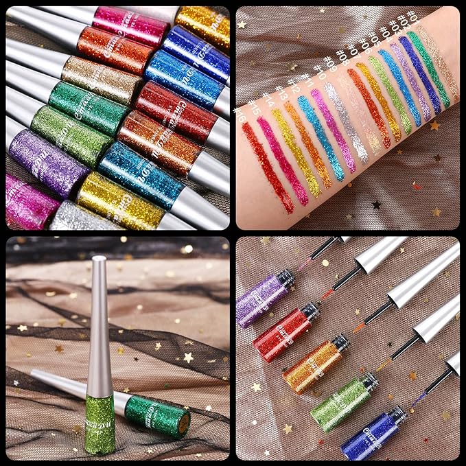 16 Colors Glitter Metallic Liquid Eyeliner Set Waterproof Long Lasting Eye Liner pencil Pigmented Shimmer Eye Makeup Gift Kit for Women Green Purple Blue Pink white Silver Gold Colored Eyeliners