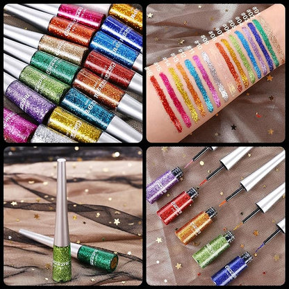 16 Colors Glitter Metallic Liquid Eyeliner Set Waterproof Long Lasting Eye Liner pencil Pigmented Shimmer Eye Makeup Gift Kit for Women Green Purple Blue Pink white Silver Gold Colored Eyeliners