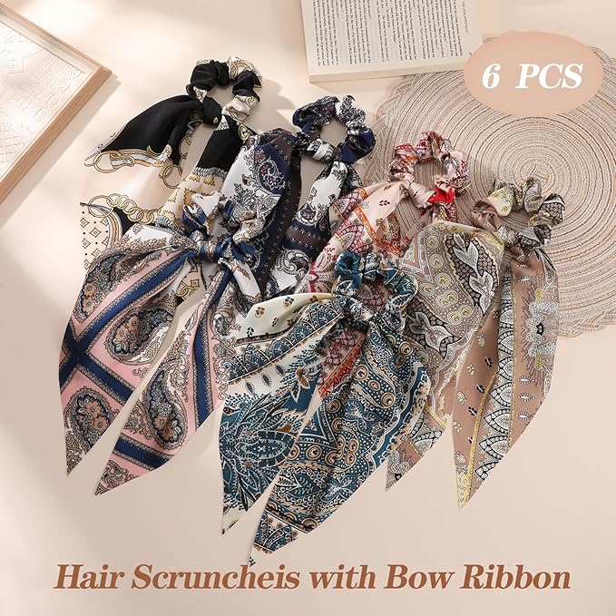 6 PCS Bow Silk Scrunchies, Hair Ties with Bows, Hair Scrunchies for Women Girls, Knotted Bow Silk Hair Ties, Satin Hair Ribbon Scrunchy Elastic Hair Ties Ponytail Holder Pink