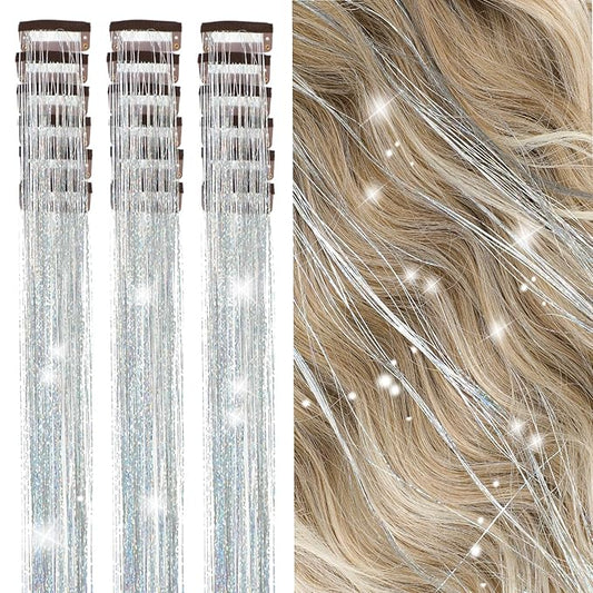 19.6Inch Clip in Sparkle Fairy Hair Extensions Kit for Kids, Girls, Women - 18 Pcs Heat Resistant Hair Tinsel Clips (Silver)