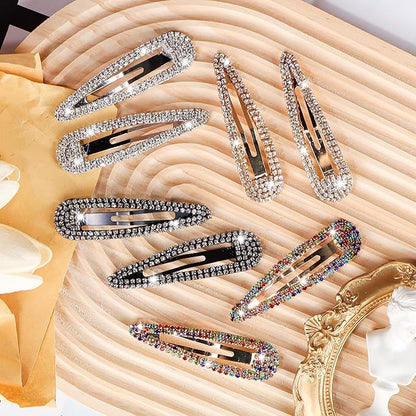 8PCS Rhinestone Hair Clips, Water Drop Crystal Hair Barrettes, Bling Metal Snap Duckbill Hairpins Sparkle Hair pin, Glittering Hair Accessories for Women Girls-Color, Gold, Silver, Black