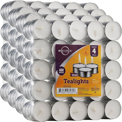 MontoPack Unscented Tea Light Candles 400 Pack | 4 Hours, White, Smokeless, Dripless Small Votive Paraffin Tealights | Long-Lasting for Home, Shabbat, Weddings, Events, Emergencies | Mini Candles Bulk