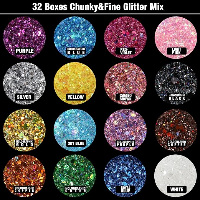 Festival Chunky and Fine Glitter Powder Mix, Teenitor 32 Colors Chunky Sequins, Iridescent Glitter Flakes, Cosmetic Face Body Eye Hair Nail Art Resin Tumbler Loose Glitter