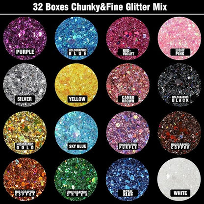 Festival Chunky and Fine Glitter Powder Mix, Teenitor 32 Colors Chunky Sequins, Iridescent Glitter Flakes, Cosmetic Face Body Eye Hair Nail Art Resin Tumbler Loose Glitter