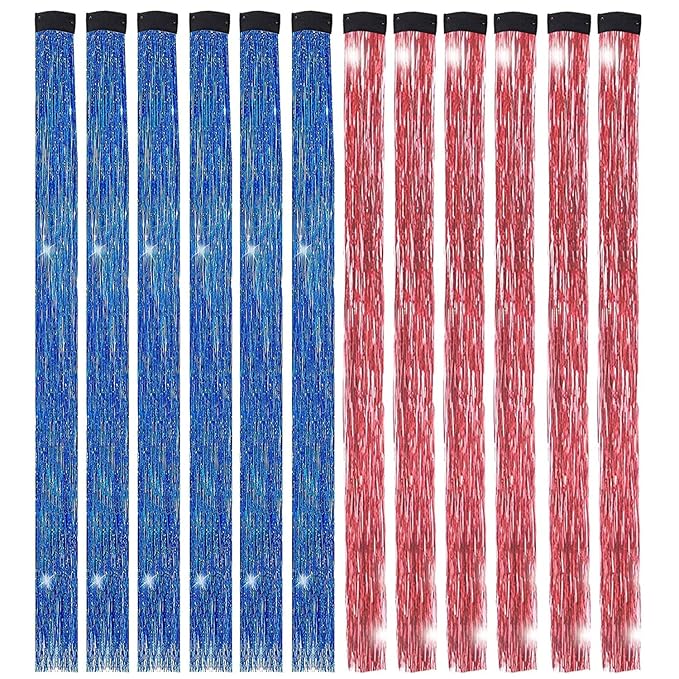 12PCS Tinsel Hair Extensions Glitter Hair Extension Clip in Gold Sparkling Fairy Hair Tinsel Kit Shiny Highlights Colorful Heat Resistant Hair Accessories for Girls New Year Party(Red+Blue)