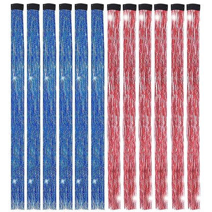 12PCS Tinsel Hair Extensions Glitter Hair Extension Clip in Gold Sparkling Fairy Hair Tinsel Kit Shiny Highlights Colorful Heat Resistant Hair Accessories for Girls New Year Party(Red+Blue)