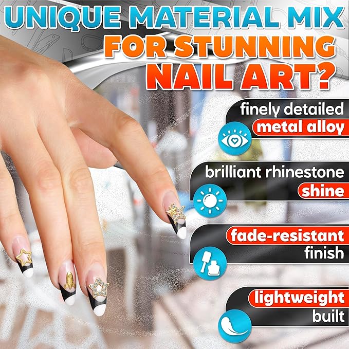 110 Pcs Gold Nail Charms and Gems – Complete Art Kit with Gold Star Nail Charms, Planets, Moon, Crosses & Rocket – Designed for Creating Detailed, Custom Designs with Easy Application
