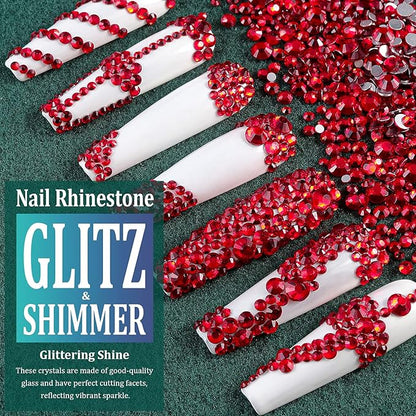 3440PCS 6 Sizes Red Glass Crystal Kit with Pickup Pen + Tweezer Tools for Iridescent Shine Nail Art Manicure Makeup DIY Deco Flatback Round Bead Rhinestone Gem Jewelry Diamond