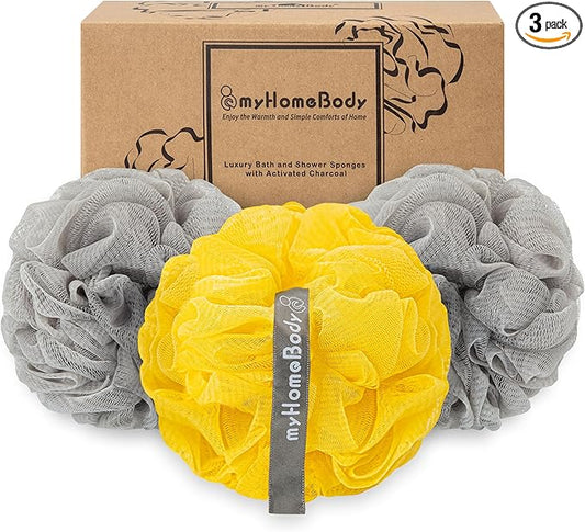 myHomeBody Large 70g Loofah Sponge, Body Scrubber, Bath Sponge, Loofah for Women, Men, Exfoliating Sponge Shower Pouf with Activated Charcoal - 2 Ultimate Gray + 1 Illuminating Yellow, 3 Pack