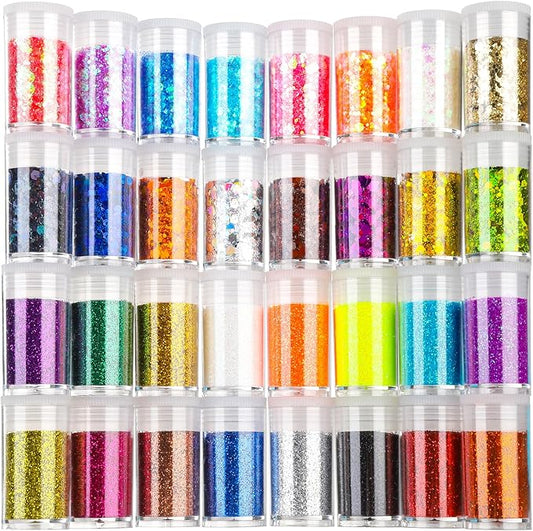 Teenitor Fine Glitters and Holographic Chunky Glitters for Nails, Assorted Glitter Slime, Festival Glitter for Nail Face Hair Body , Glitter for Resin Tumblers, 16+16pcs