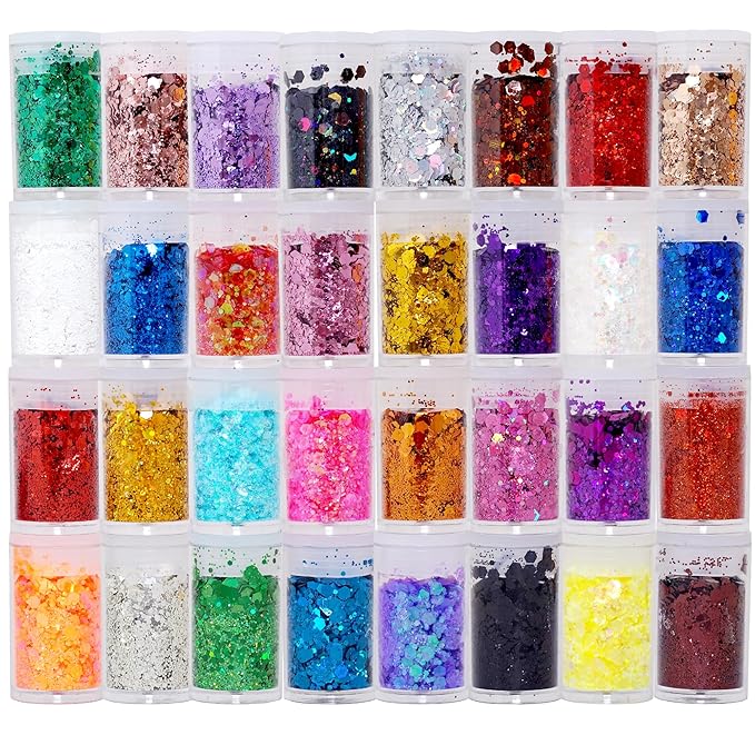 32 Pack Chunky Mix Holographic Glitter - Face Glitter, Nail Glitter, Chunky Fine Glitter, Craft Glitter for Crafts, Makeup & Body, Festival Chunky Glitter, Cosmetic Grade