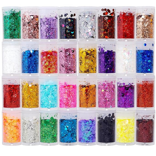 32 Pack Chunky Mix Holographic Glitter - Face Glitter, Nail Glitter, Chunky Fine Glitter, Craft Glitter for Crafts, Makeup & Body, Festival Chunky Glitter, Cosmetic Grade