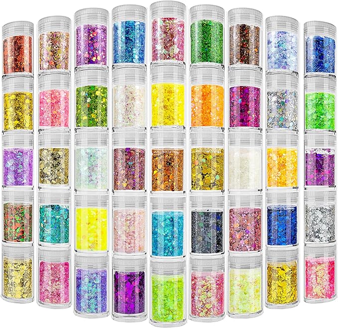45 Holographic Chunky Sequins & Fine Powder Glitter Mix, Iridescent Glitter Flakes for Face, Body, Eye, Nail Art & Resin Epoxy
