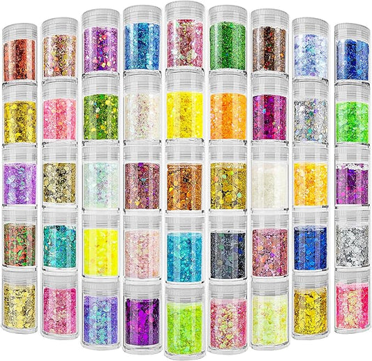 45 Holographic Chunky Sequins & Fine Powder Glitter Mix, Iridescent Glitter Flakes for Face, Body, Eye, Nail Art & Resin Epoxy
