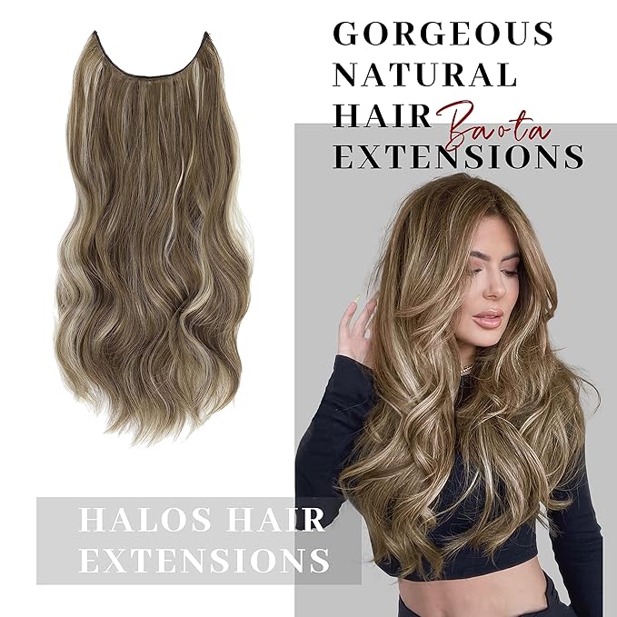 16 Inch Invisible Wire Hair Extension Long Wavy Hair Extensions for Women Mix Brown and Blonde Highlight Adjustable Size Hairpiece 4 Clips in Hair Extension
