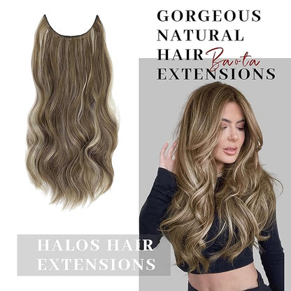 16 Inch Invisible Wire Hair Extension Long Wavy Hair Extensions for Women Mix Brown and Blonde Highlight Adjustable Size Hairpiece 4 Clips in Hair Extension