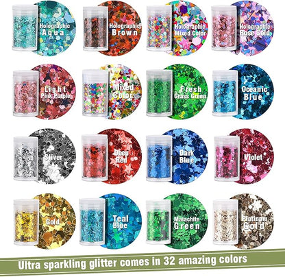 Teenitor Glitter, Chunky Glitter Mixed, Nail Glitter with Stars, Cosmetic Face Body Eye Hair Glitter, 32pcs