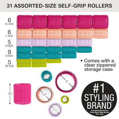 Conair Heatless Curlers- heatless curls overnight - Hair Rollers for Lift & Volume - Assorted Sizes and Colors - Velcro Rollers - 31 Count w/storage case