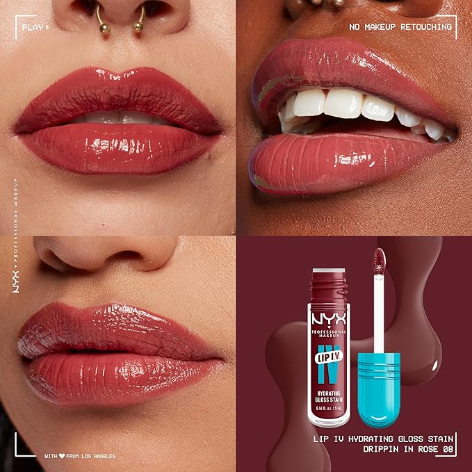 NYX PROFESSIONAL MAKEUP Lip IV Hydrating Glossy Lip Stain with 12HR Hydration - Drippin In Rose (Pink)