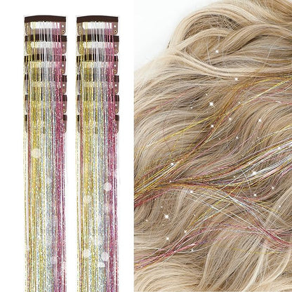 12Pcs Hair Tinsel Clip in Glitter Tinsel Hair Extensions 19.6Inch Clip in Hair Tinsel Kit Heat Resistant Shiny Sparkly Fairy Hair Accessories for Women Girls Kids (Galaxy)