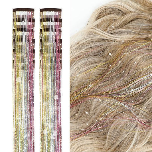 12Pcs Hair Tinsel Clip in Glitter Tinsel Hair Extensions 19.6Inch Clip in Hair Tinsel Kit Heat Resistant Shiny Sparkly Fairy Hair Accessories for Women Girls Kids (Galaxy)