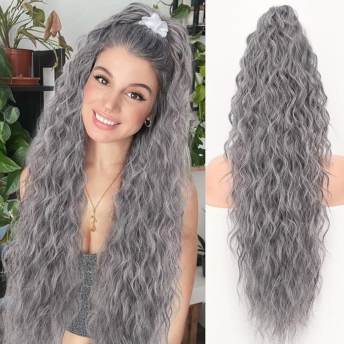 ORSUNCER Ponytail Extension Claw 30" Curly Pony Tail Clip in Claw Hair Extensions Fluffy Natural Looking Synthetic Hairpiece for Women Grey