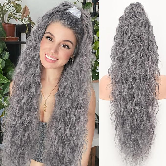 ORSUNCER Ponytail Extension Claw 30" Curly Pony Tail Clip in Claw Hair Extensions Fluffy Natural Looking Synthetic Hairpiece for Women Grey