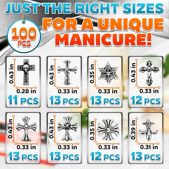 100 Pcs Cross Nail Charms and Gems - Nail Cross Charms for Nails Design Silver Nail Charms Y2k Nail Gems for Nails 3d Nail Charms Bulk Nail Jewels - Nail Art Charms Nails With Charms Cross Nail Charm