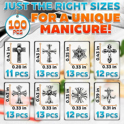 100 Pcs Cross Nail Charms and Gems - Nail Cross Charms for Nails Design Silver Nail Charms Y2k Nail Gems for Nails 3d Nail Charms Bulk Nail Jewels - Nail Art Charms Nails With Charms Cross Nail Charm