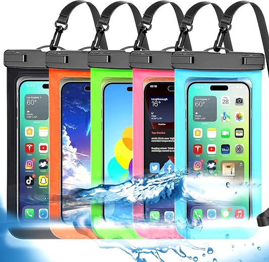 5 Pack Multicolor Universal Waterproof Phone Pouch, Large Phone Waterproof Case Dry Bag (Protection Level: IP68) Outdoor Sports for Apple iPhone,Samsung,and up to 7.5" (Black,Blue,Pink,Orange,Green)