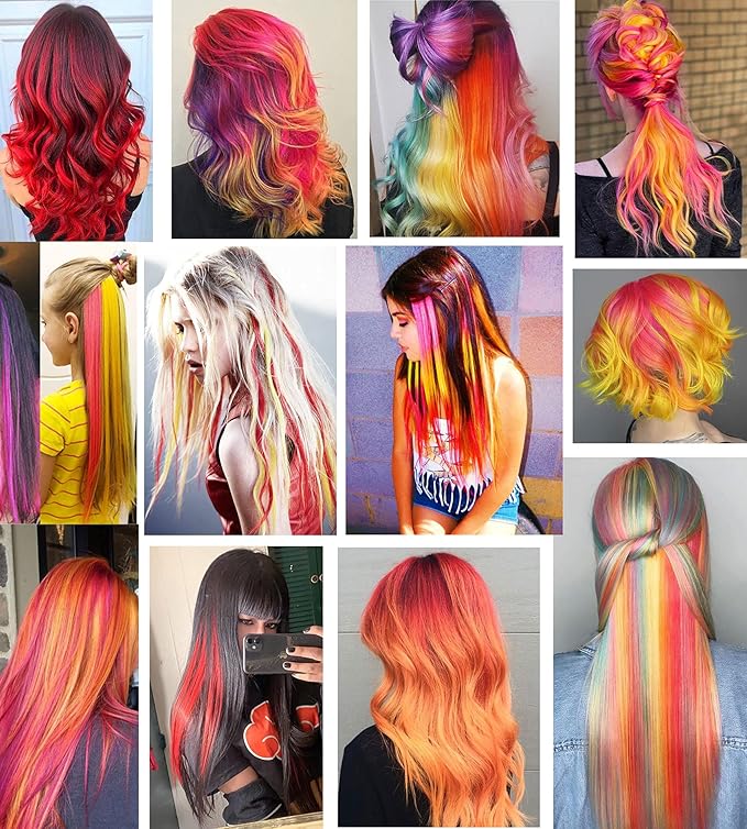 12 PCS Colored Hair Extensions, Multi-colors Hairpieces Party Highlights Clip in Synthetic Hair Extensions 20 Inch for Women and Girls (Red Orange Yellow)