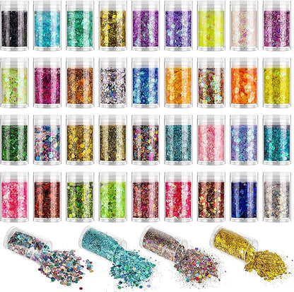 Holographic and Iridescent Chunky Glitter Sequins, 36 Colors Mixed Cosmetic Glitter for Face Body Eye Hair Nail Art Lip Gloss, Festival Glitter Makeup with Different Hexagons Size