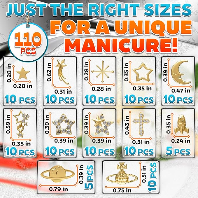 110 Pcs Gold Nail Charms and Gems – Complete Art Kit with Gold Star Nail Charms, Planets, Moon, Crosses & Rocket – Designed for Creating Detailed, Custom Designs with Easy Application