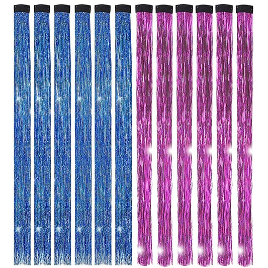 12PCS Tinsel Hair Extensions Glitter Hair Extension Clip in Gold Sparkling Fairy Hair Tinsel Kit Shiny Highlights Colorful Heat Resistant Hair Accessories for Girls New Year Party(Blue+Purple)