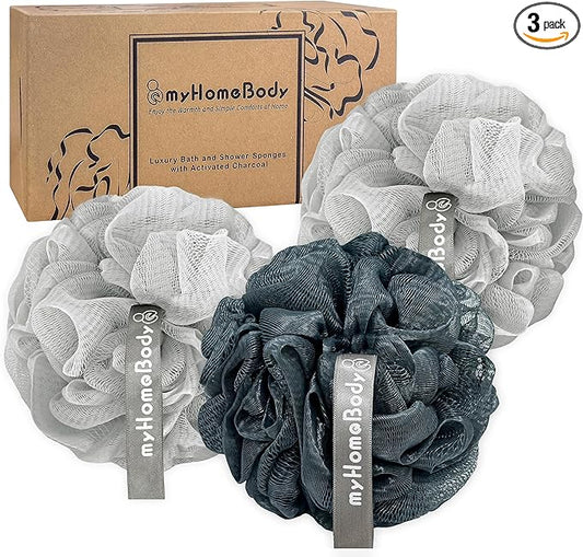 myHomeBody 60g Loofah Sponge, Body Scrubber, Bath Sponge, Loofah for Women, Men, Exfoliating Sponge Shower Pouf with Activated Charcoal - 2 Fog Gray + 1 Midnight Blue, 3 Pack