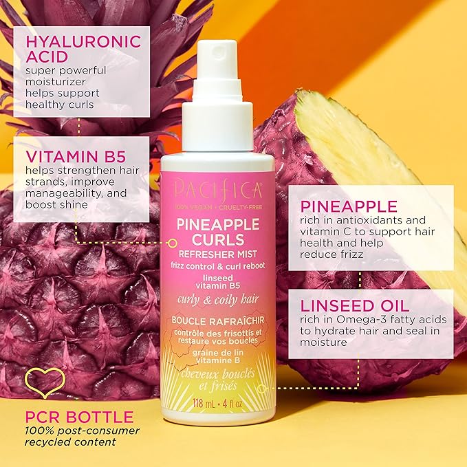 Pacifica Pineapple Curls Refresher Mist Frizz Control Spray & Curly Hair Enhancing -w/Hyaluronic Acid Vitamin B5 & Natural Plant Oils Revitalizes Curls - Vegan Cruelty Free Dermatologist Tested