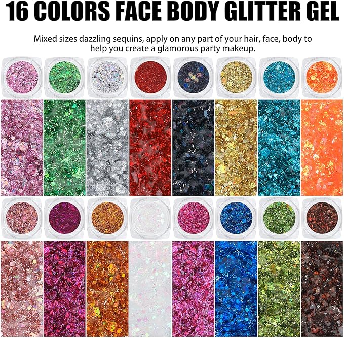 16 Colors Chunky Fine Mixed Holographic Glitter Gel Set for Face and Body Makeup Festival Party Sparkle Glitter Gel Decoration Rave Accessories