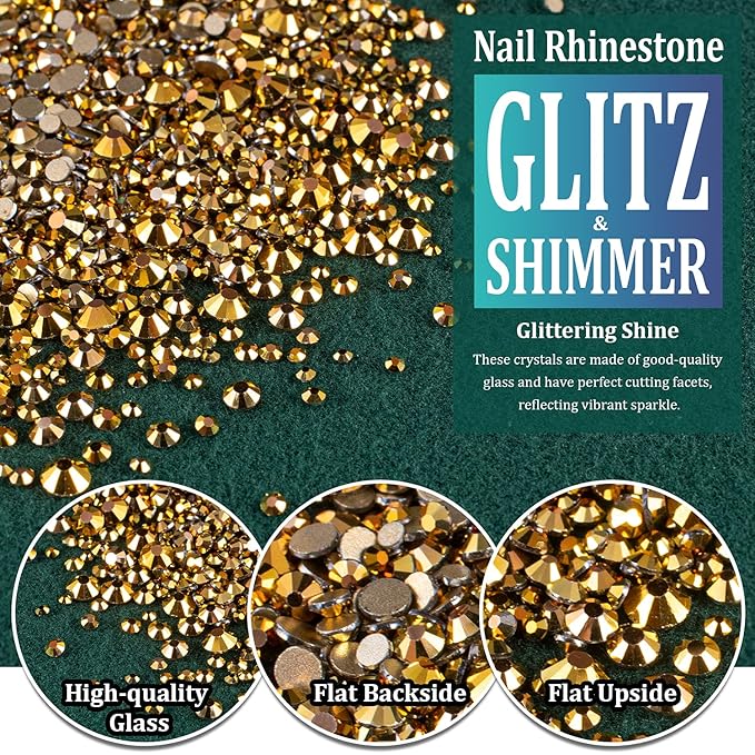 6 Sizes Gold Glass Crystal Kit with Pickup Pen + Tweezer Tools for Shine Nail Art Manicure Makeup DIY Decoration Flatback Round Rhinestone Gem Jewelry Diamond
