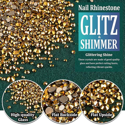 6 Sizes Gold Glass Crystal Kit with Pickup Pen + Tweezer Tools for Shine Nail Art Manicure Makeup DIY Decoration Flatback Round Rhinestone Gem Jewelry Diamond